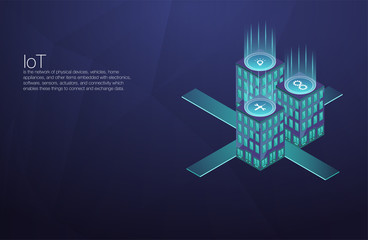 Poster - IoT platform future technology. Smart home connection and control with devices through home network. Internet of things doodles background.
