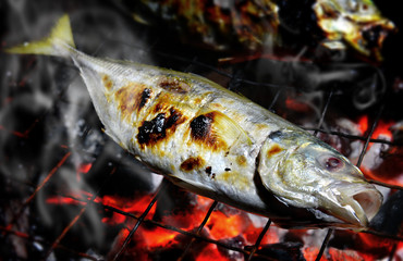 Wall Mural - Indian mackerel fish grill on the charcoal cooking