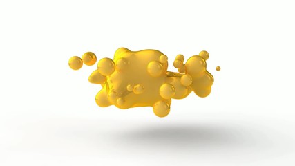 Poster - 3D animation of drops of yellow liquid, plastic or oil, which disintegrate and merge in zero gravity.