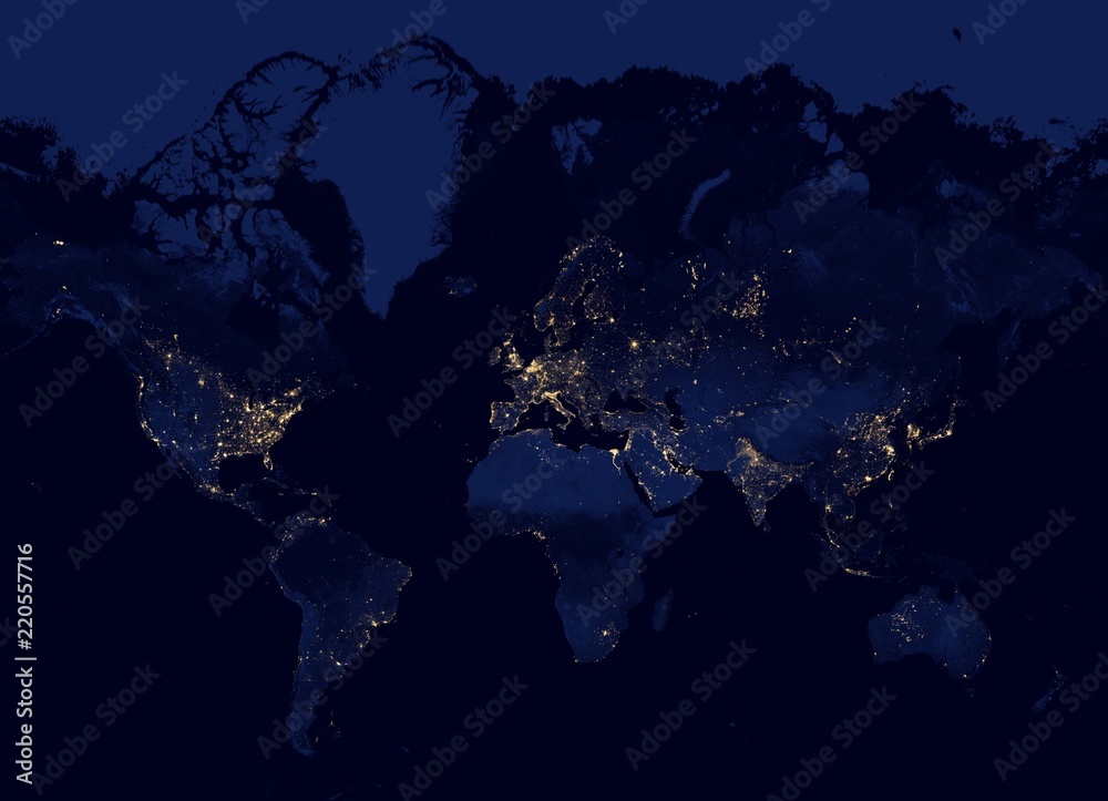 Map of the world at night  in Mercator projection (no Antarctica) - shaded relief, the map colors gradually blend into one another across regions and from lowlands to highlands - 3D rendering - obrazy, fototapety, plakaty 