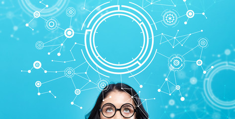 Tech circle with young woman on a blue background