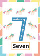 Number Tracing Worksheet seven, 7,  Kid number seven with unicorn.