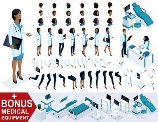 Wall Mural - Isometric Woman Doctor African American, create your 3D surgeon, sets of gestures of the feet, hands and emotions. Bonus medical equipment, set 3