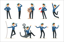 Sailor Character Doing His Job Set. Seaman In Different Situations Cartoon Vector Illustrations