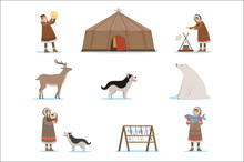 Eskimo Characters In Traditional Clothing, Arctic Animals, Igloo House. Life In The Far North. Set Of Colorful Cartoon Detailed Vector Illustrations