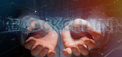 Poster - Man holding a Blockchain title isolated on a background