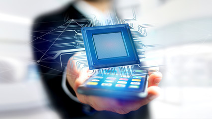 Poster - Businessman using a smartphone with a Processor chip and network connection - 3d render