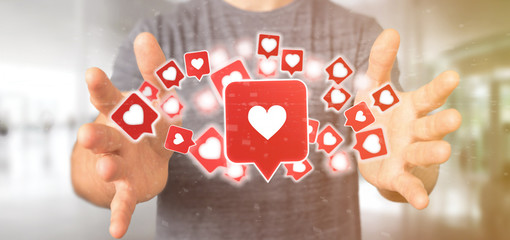 Poster - businessman holding like notification on a social media 3d rendering