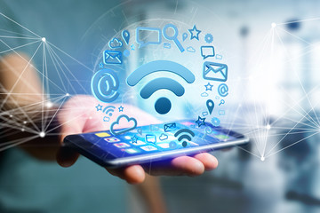 Poster - wifi symbol connection surrounded by multimedia and internet application logo - 3d rendering
