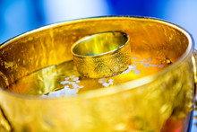 Holy Water In Golden Bowl For Buddhist Worship In Traditional Ceremony As Wedding Ceremony And Songkran Festival. Image For Background, Wallpaper, Objects, Copy Space,article And Illustration.
