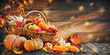 Leinwandbild Motiv Thanksgiving pumpkins with fruits and falling leaves