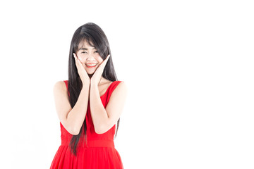 Beautiful Attractive Asian young woman wearing red dress smile and looking at camera feeling so happiness and cheerful,Isolated on white background,Beauty Concept