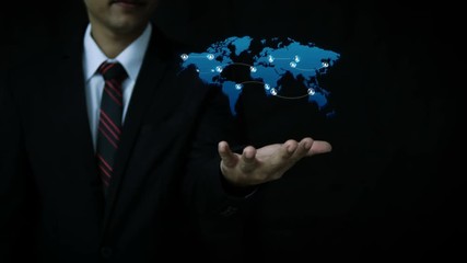 Poster - asian businessman using hologram virtual technology with visual effect circle shape people icon and 