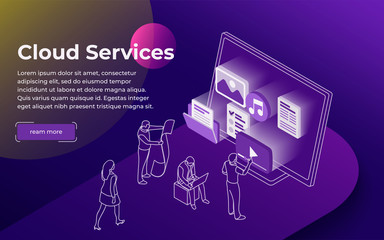 Fototapete - Cloud data storage and remote data access flat 3d isometric business concept. People stand at the open laptop. Professional hosting and data storage. Modern line illustration. Vector image