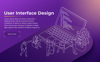 Fototapete - Development of the user interface. People work in a team and achieve the goal. Launch a new product on a market. Landing page template. Modern line illustration. Vector image.