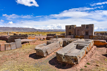 Wall Mural - Elaborate carving in megalithic stone at Puma Punku, part of the Tiwanaku archaeological complex, a UNESCO world heritage site near La Paz, Bolivia.