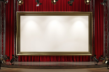 Wall Mural - a large picture frame on the theater stage with red velvet curtains. space for text.