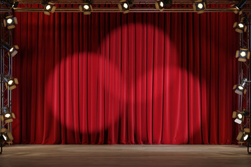 Wall Mural - empty theater stage with red velvet curtains and spotlights.