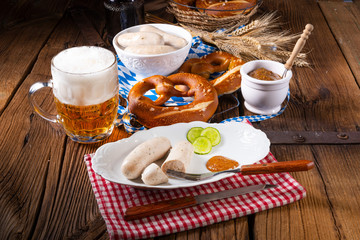 Wall Mural - delicious bavarian oktoberfest white sausage with sweet mustard