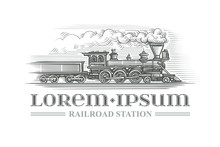 Hand Drawn Vintage Locomotive Engraving Style. Vector. Text Outlined. 