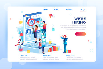 Social presentation for employment. Infographic for recruiting. Web recruit resources, choice, research or fill form for selection. Application for employee hiring. flat isometric vector illustration.