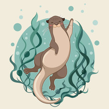 Sea Otter Floating On Water With Kelp Forest Vector Illustration