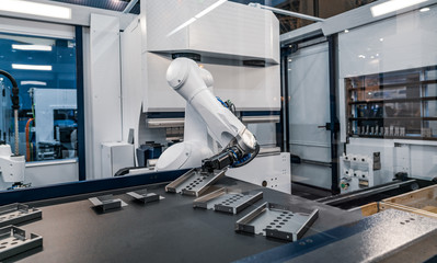 Robotic Arm modern industrial technology. Automated production cell.