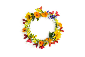 Wall Mural - wreath of summer wildflowers sunflowers, flowers calendula, linaria, blue cornflowers, red samaras m