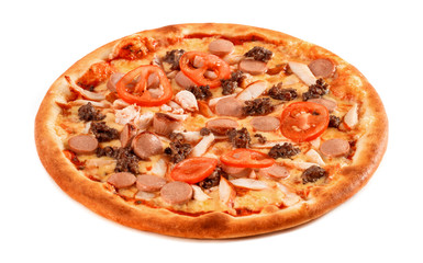 Canvas Print - Pizza with ground beef, sausage, ham, tomato and cheese isolated on white. Italian cuisine