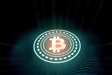 Poster - Futuristic modern glowing Bitcoin logo on digital binary background. For crypto currency market, coin mining, trading, promotional and advertisement.