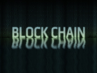 Poster - block chain text written in binary (zero-one) format with water ripple reflect effect on dark backgr