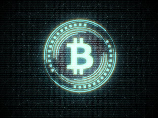 Poster - Futuristic modern glowing Bitcoin logo on digital binary background. For crypto currency market, coin mining, trading, promotional and advertisement.