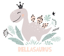 Dinosaur Baby Girl Cute Print. Sweet Dino Princess With Crown. Cool Stegosaurus Illustration
