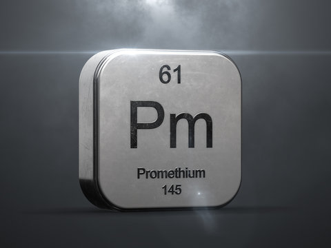 Promethium element from the periodic table. Metallic icon 3D rendered with nice lens flare