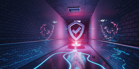 Poster - Underground cyber security hologram with digital shield 3D rendering