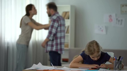 Wall Mural - Parents fighting at home, child growing in conflicts and aggression, divorce