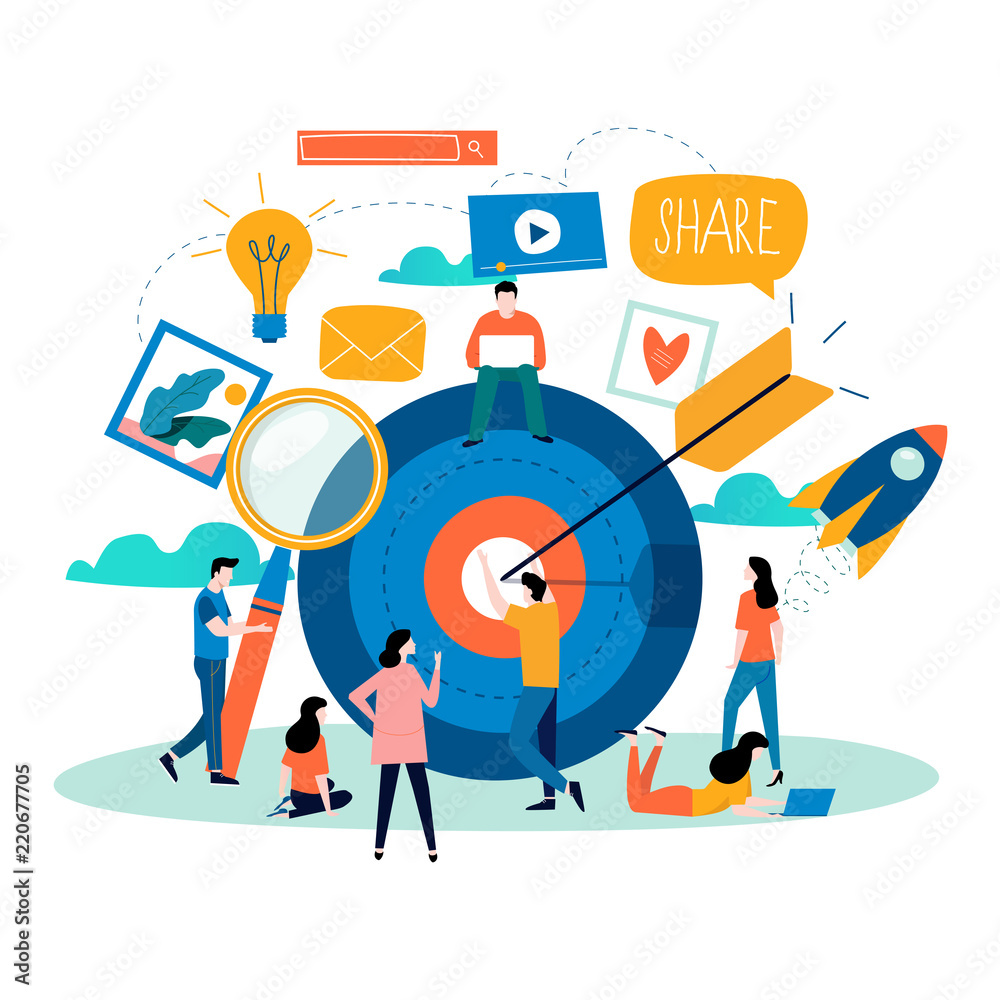 Social media, social networking, online community, video and photo sharing, communication, chatting and messaging flat vector illustration design for mobile and web graphics - obrazy, fototapety, plakaty 