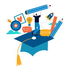 Wall Mural - Education, online training courses, distance education flat vector illustration. Internet studying, online classes, tutorials, e-learning, online education design for mobile and web graphics