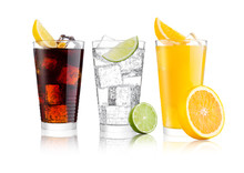 Glasses Of Cola And Orange Soda Drink And Lemonade
