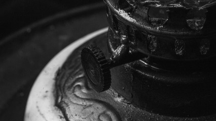 Retro vintage old oil lamp details close up in black and white