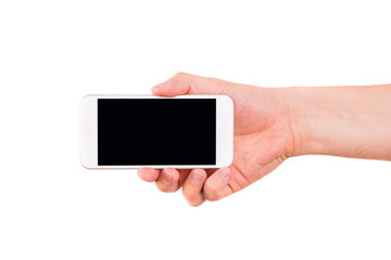 Sticker - Mobile phone in hand. White smartphone held by the hand isolated on a white background. Hand holding a white phone with a blank display, white background.