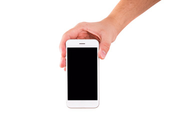 Poster - mobile phone in hand. white smartphone held by the hand isolated on a white background. hand holding
