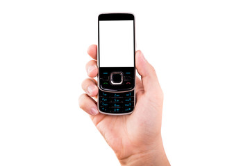 Poster - mobile phone in hand. a black phone held by a hand isolated on a white background. hand holding a bl