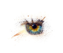 Conceptual Creative Photo Of A Female Eye Close-up In The Form Of Splashes, Explosion And Dripping Paint Isolated On A White Background. Female Eye Close-up With Spray Paint Around.