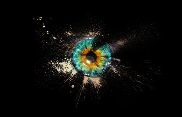 Conceptual creative photo of a female eye close-up in the form of splashes, explosion and dripping paint isolated on a black background. Female eye close-up with spray paint around.