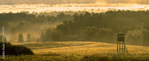 Photographie hunting tower in the valley in the morning mists