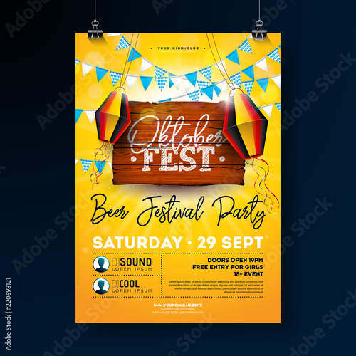 Oktoberfest Party Flyer Design With Typography Lettering On Vintage Oktoberfest Party Flyer Design With Typography Lettering On Vintage Wood Board Vector Traditional German Beer Festival Poster Template For Invitation Or