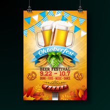 Oktoberfest Party Poster Illustration With Fresh Lager Beer, Pretzel, Sausage And Blue And White Party Flag On Shiny Yellow Background. Vector Celebration Flyer Template For Traditional German Beer