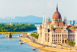 Colorful view of Parliament and Chain Bridge in Budapest city, Splendid spring cityscape of Budapest, Hungary in Europe