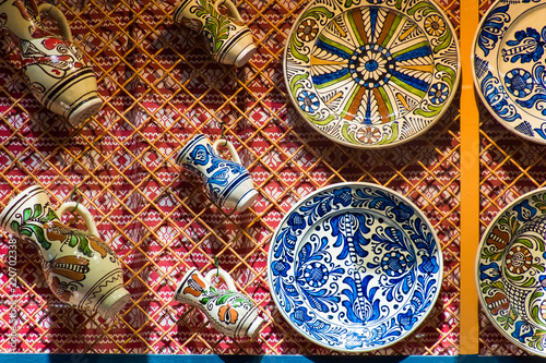 Cuadros en Lienzo Touristic souvenir shop colorful dotted Budapest hand made porcelain plates, Bud